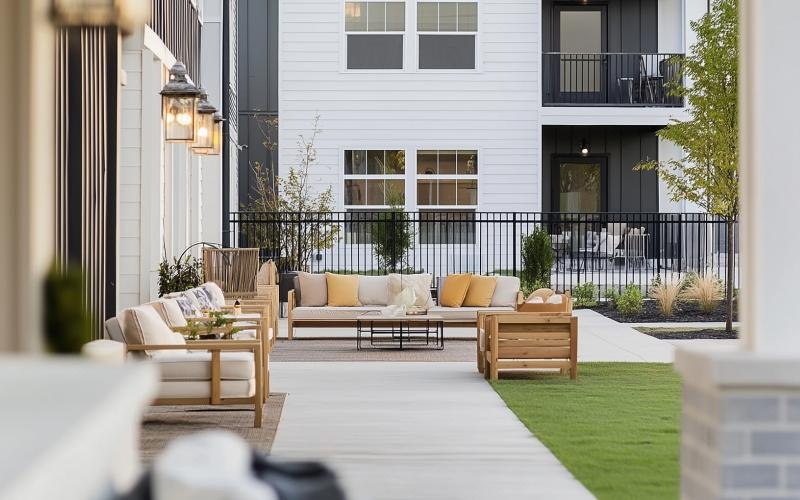 a house with a patio and a patio with chairs and tables