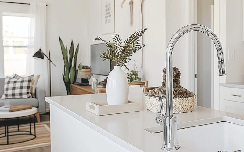 a white counter top with a chair and a mirror