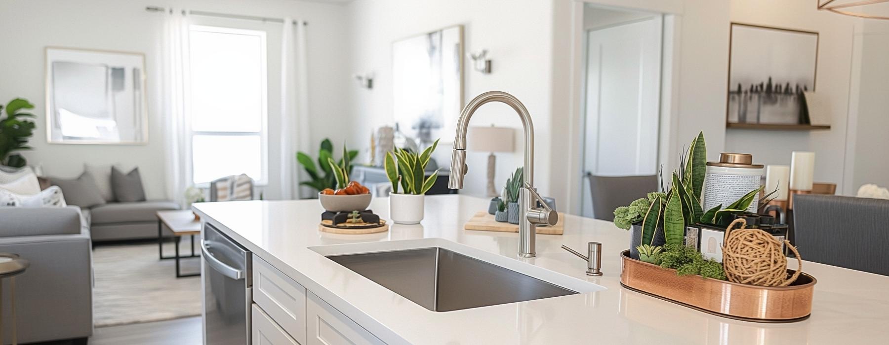 a kitchen with a sink and plants