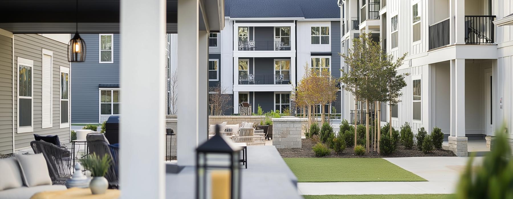 a building with a courtyard and chairs