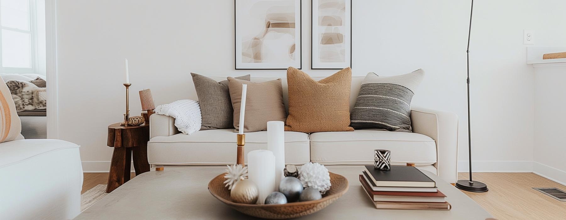 a couch with a table and a candle on it