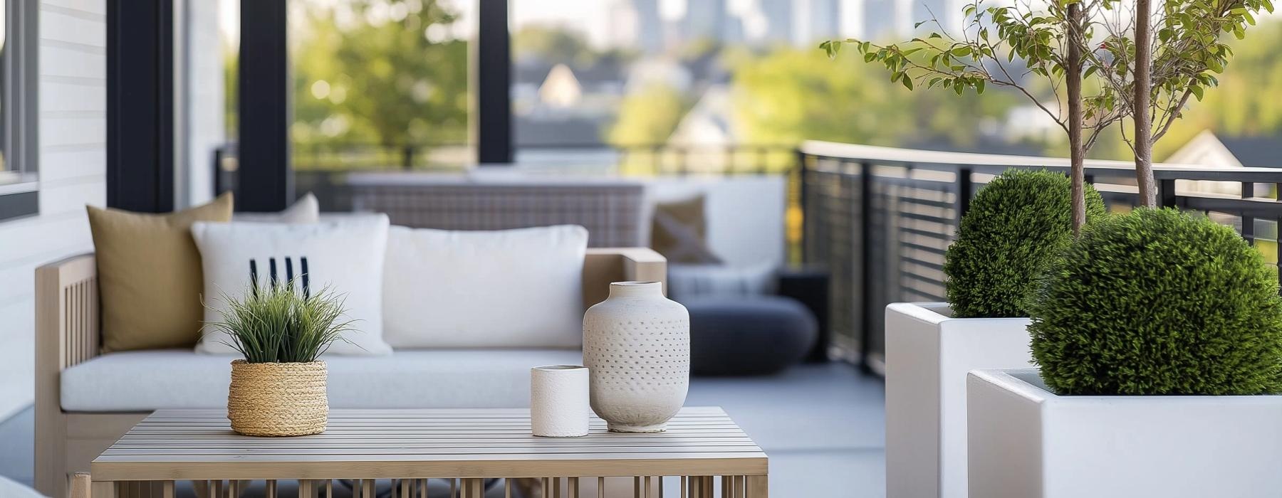 a white couch and a table