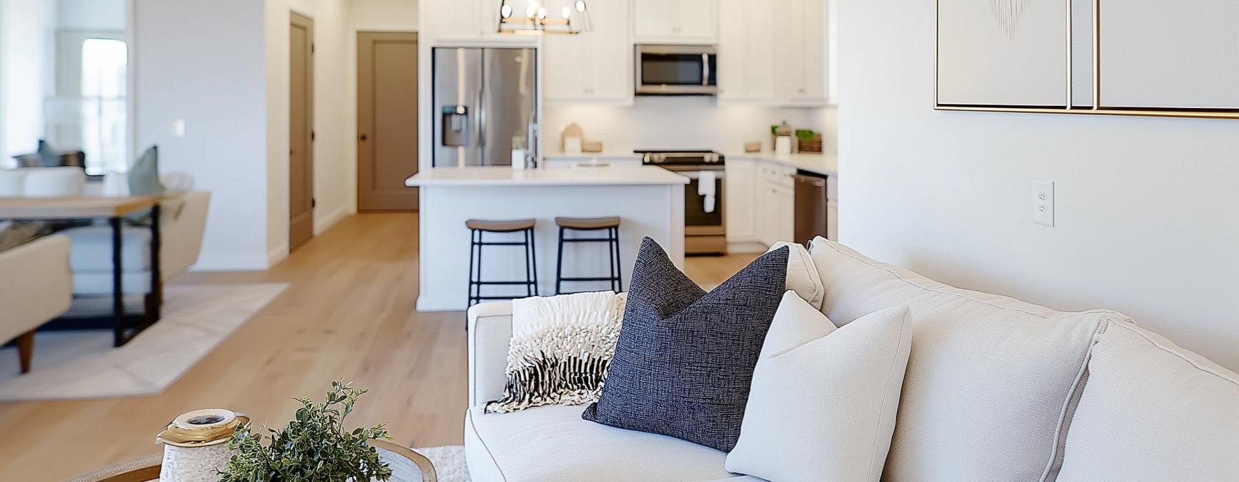 a living room with a couch and a table